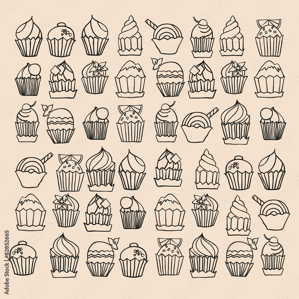 set cupcake. doodle vector
