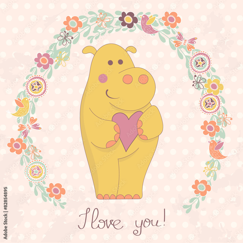 Hippo with heart and floral frame Hippo with heart and floral frame