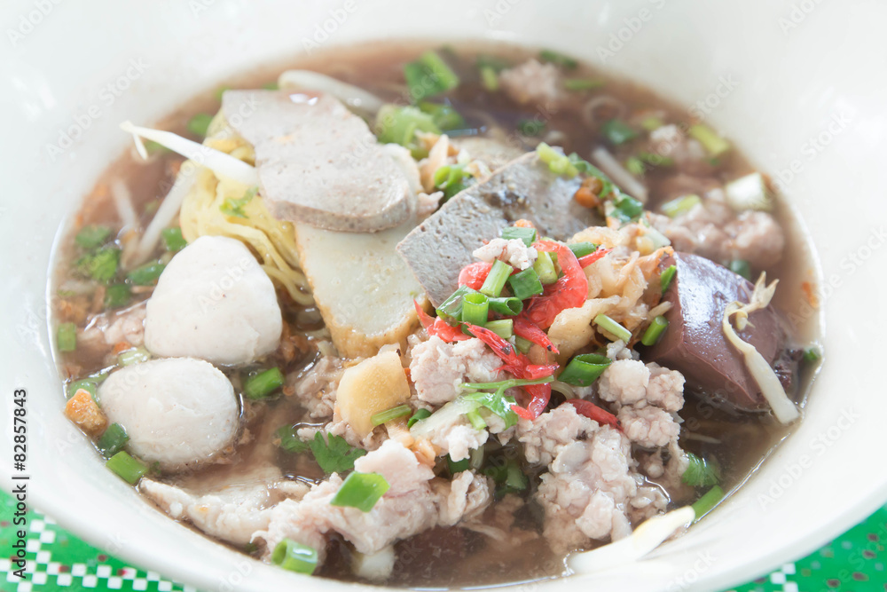 Pork meatballs and steam fish in noodle soup Pork meatballs and steam fish in noodle soup