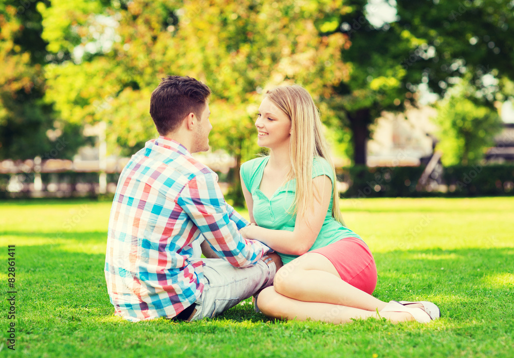 Fototapeta premium smiling couple sitting on grass in park