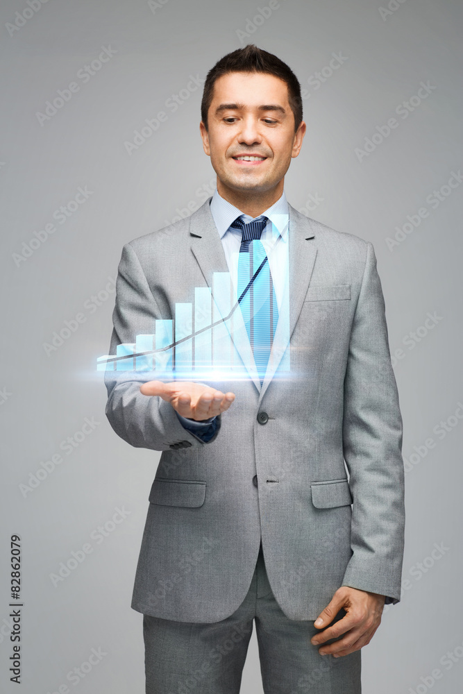 happy businessman showing virtual chart projection happy businessman showing virtual chart projection