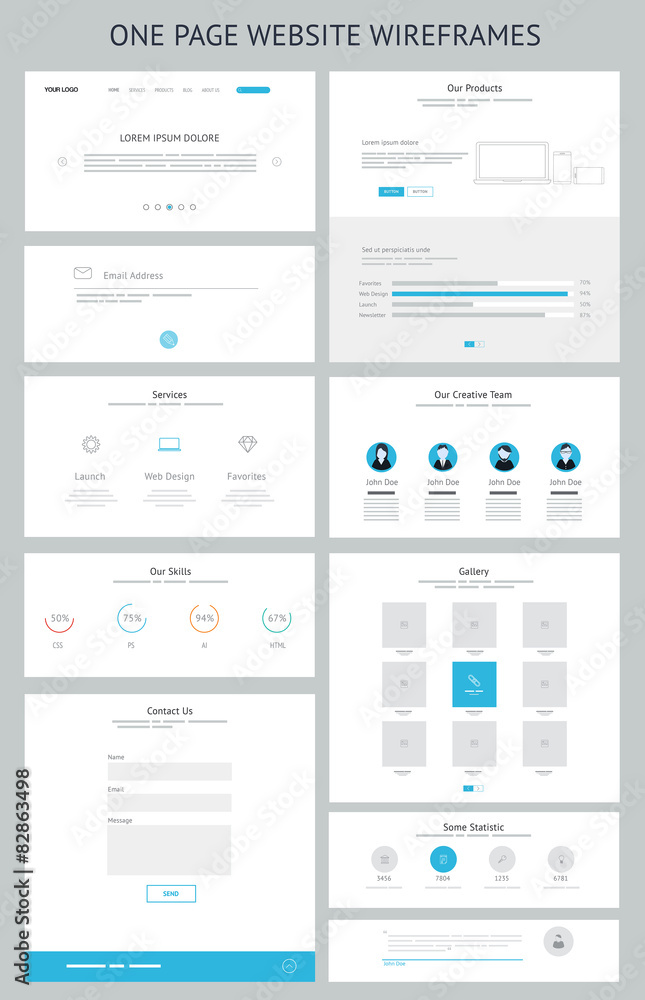 Flat responsive one page website wireframe kit Flat responsive one page website wireframe kit