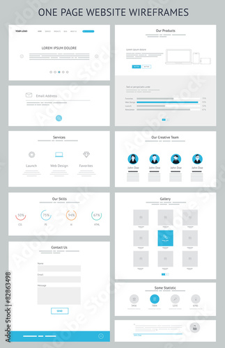Flat responsive one page website wireframe kit