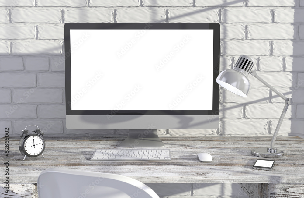 Fototapeta premium 3D illustration PC screen on table near brick wall Workspace