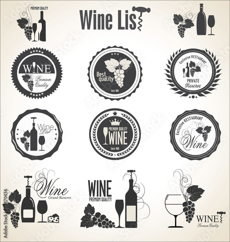 Collection of wine badges and labels