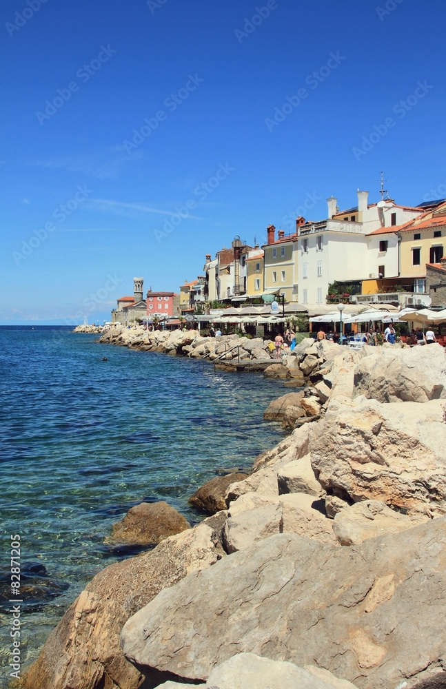 Embankment of city on Adriatic Sea. Piran, Slovenia