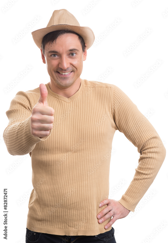 Happy man giving thumbs up sign