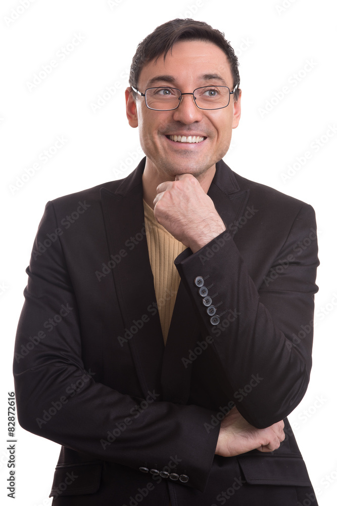 handsome man in black suit and glasses thinking handsome man in black suit and glasses thinking