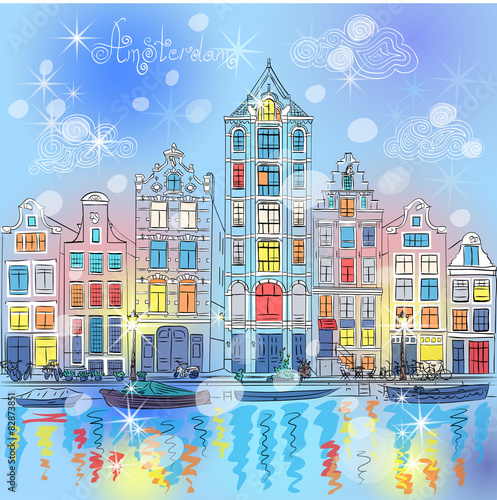Vector Christmas Amsterdam canal and dutch houses