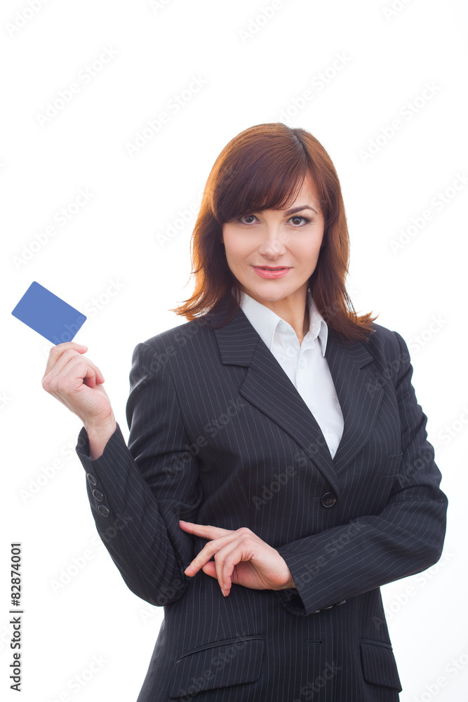 Happy beautiful businesswoman holding a credit card Happy beautiful businesswoman holding a credit card