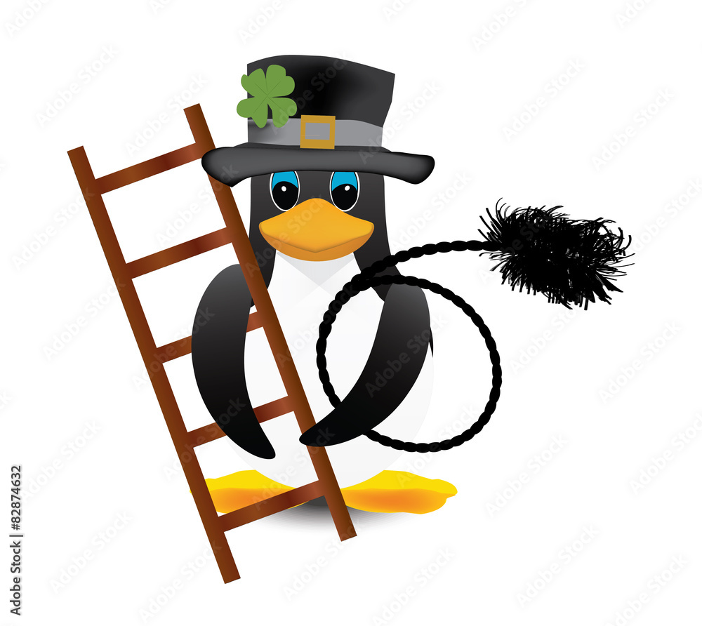 Obraz premium Penguin chimney sweep with ladder and brush