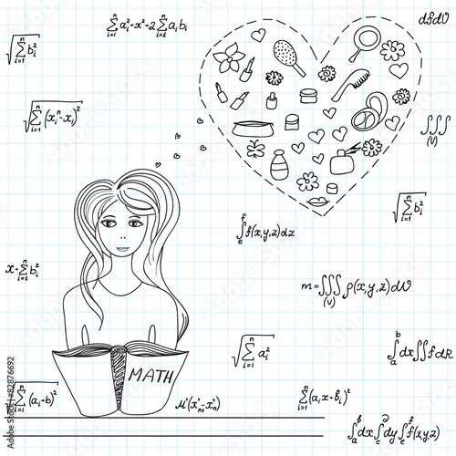 Vector with pretty young girl thinking of fashion at math lesson