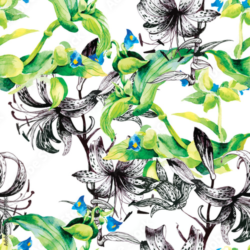 Wild flowers seamless pattern on white background
