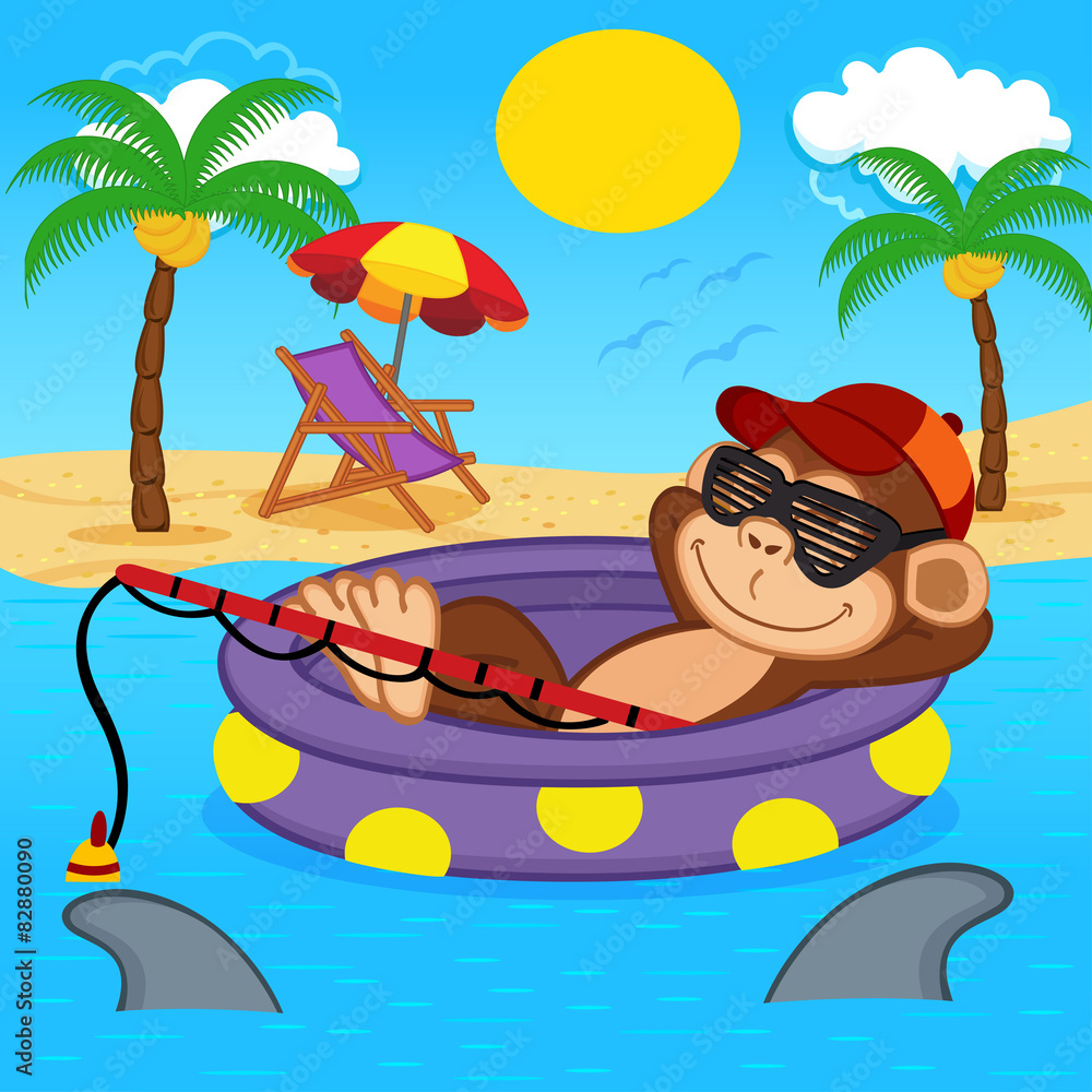 monkey fishing on sea - vector illustration, eps
