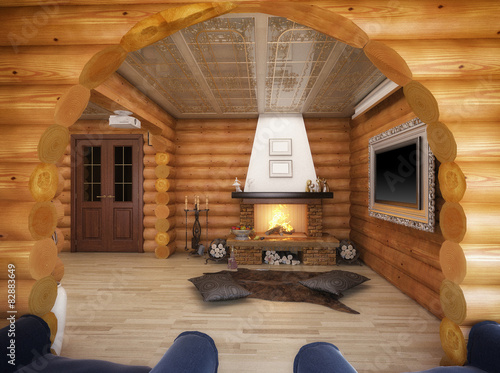 Cuadro en lienzo 3d rendering of a living room in the house from logs