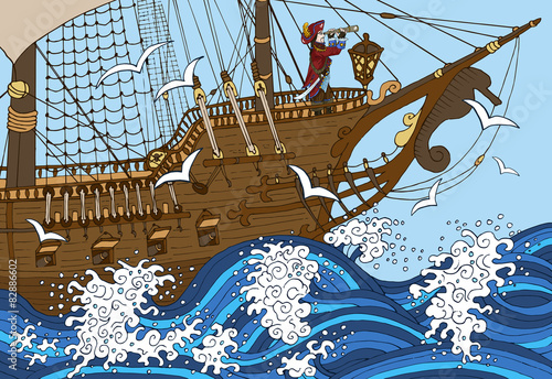 Background with pirate captain watching long glass in storm