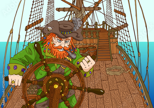 Background with pirate captain holding wheel on ships deck