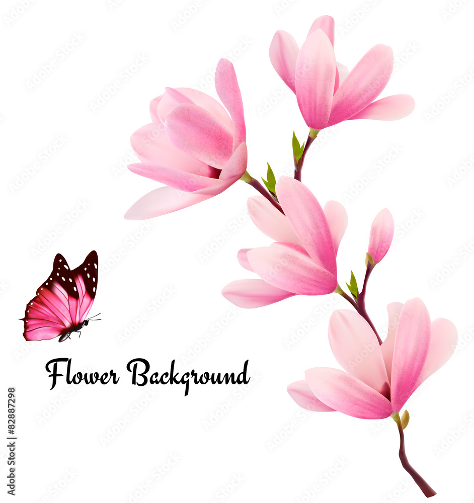 Fototapeta premium Nature background with blossom branch of pink flowers and butter