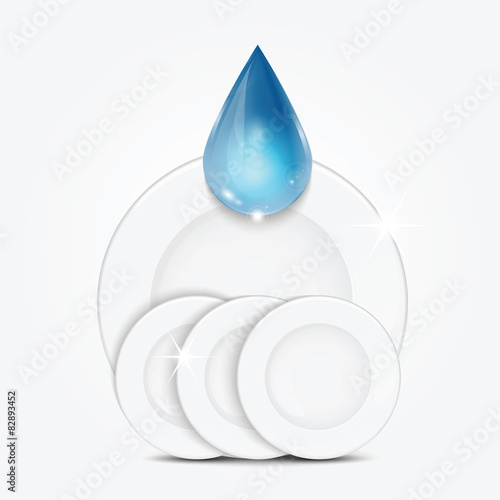 Set of clean dishes and blue drop