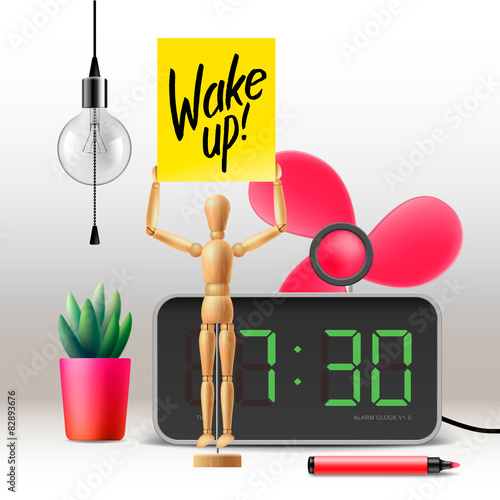 Wake up. Workspace mock up with digital alarm clock