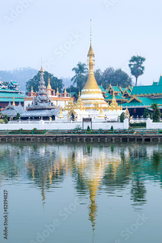 Wat Jong Klang is landmark of Maehongson, reflection with the la