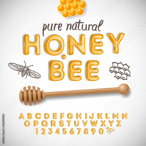 Latin alphabet and numbers made of honey