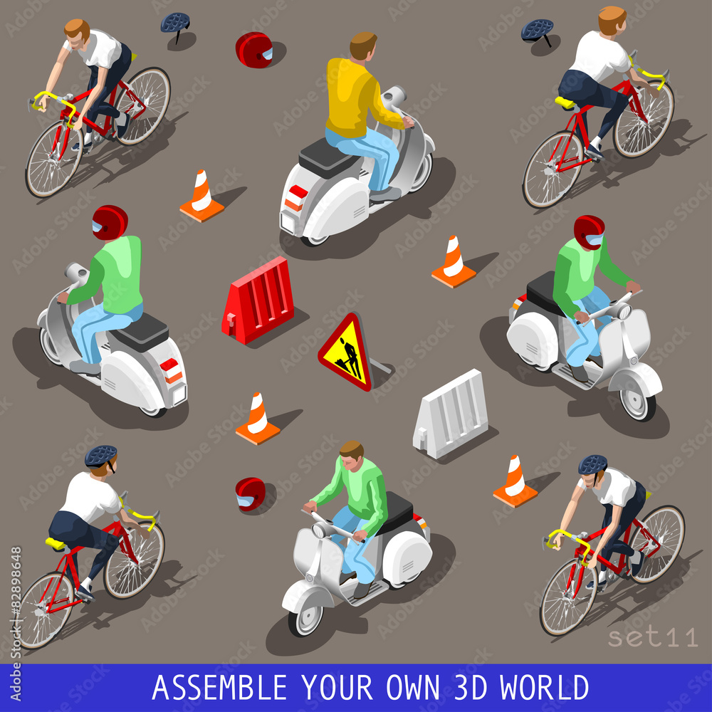 Obraz premium Isometric Flat 3d Vehicle Scooter Bicycle Set