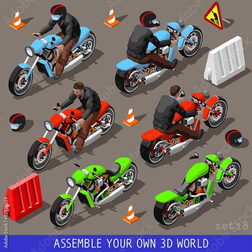 Isometric Flat 3d Vehicle Bikers Set