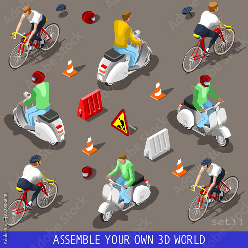 Isometric Flat 3d Vehicle Scooter Bicycle Set