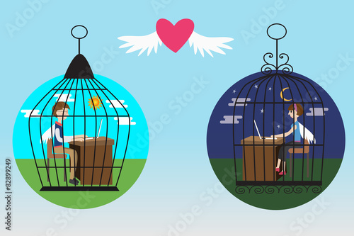 Business people in the bird cage fall in love