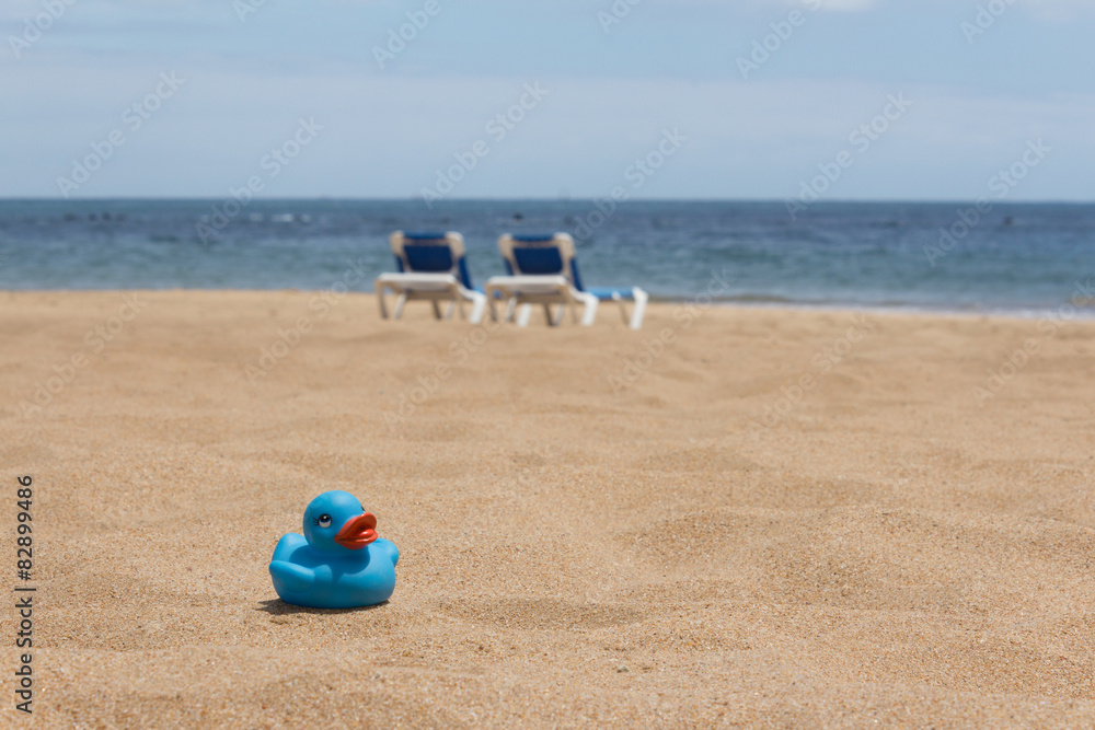 Obraz premium White beach - sand, ocean, blue sky - sun beds and duckling