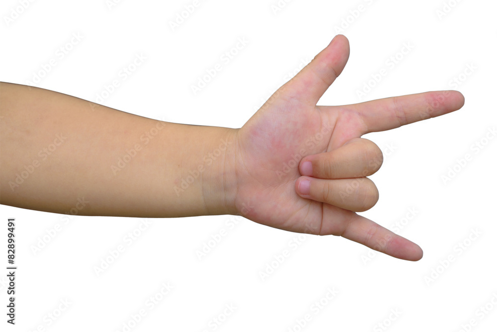 Kid hand show I love you signal on isolated white Kid hand show I love you signal on isolated white