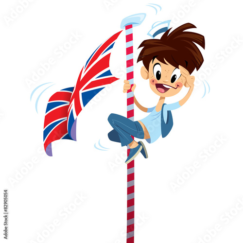 Cartoon excited happy smiling boy climbing on English flag pole