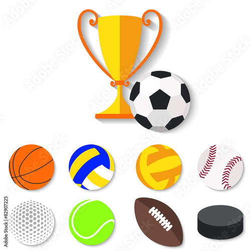 Set of flat design sport balls and winner cup.