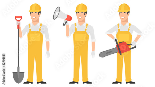Builder holding shovel megaphone chainsaw