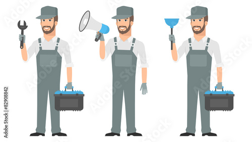 Repairman holding tools wrench megaphone plunger
