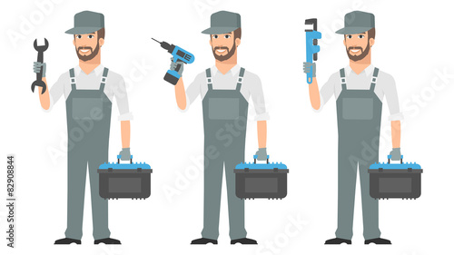 Repairman holding tools wrench screwdriver 