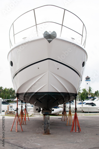 Motorboat from a front view at shipyard