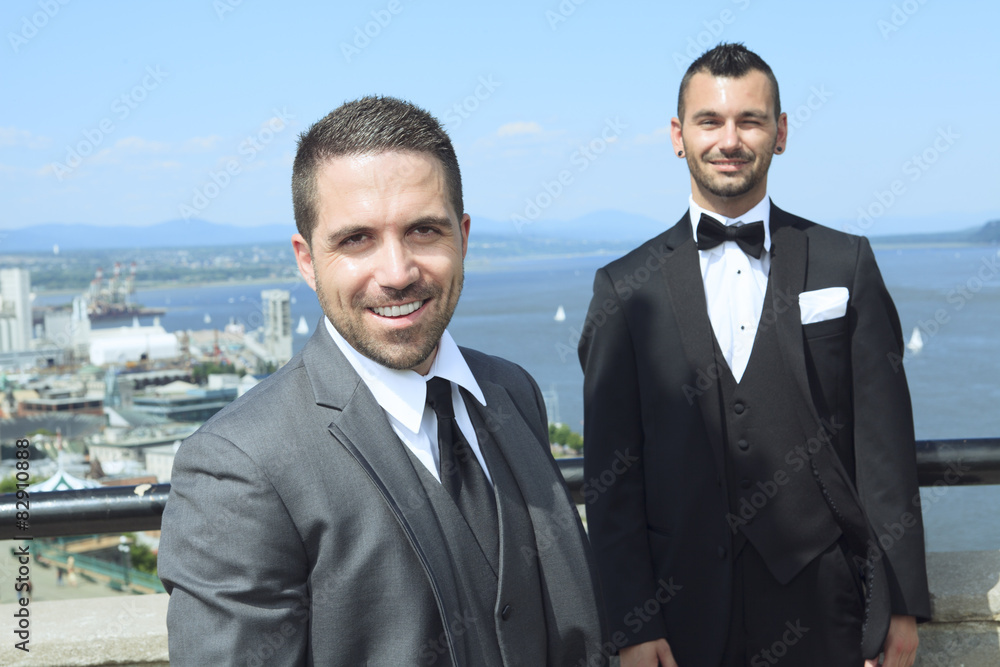 loving gay male couple on their wedding day.