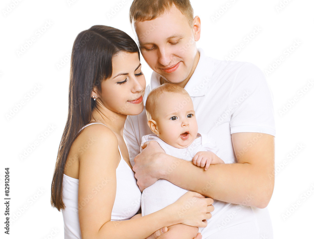 Portrait of parents with cute baby, happy young family together Portrait of parents with cute baby, happy young family together