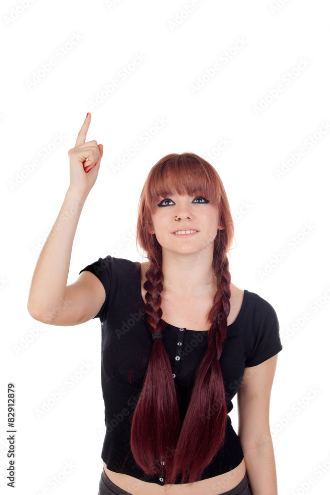 Teenage girl dressed in black with a piercing looking up Teenage girl dressed in black with a piercing looking up