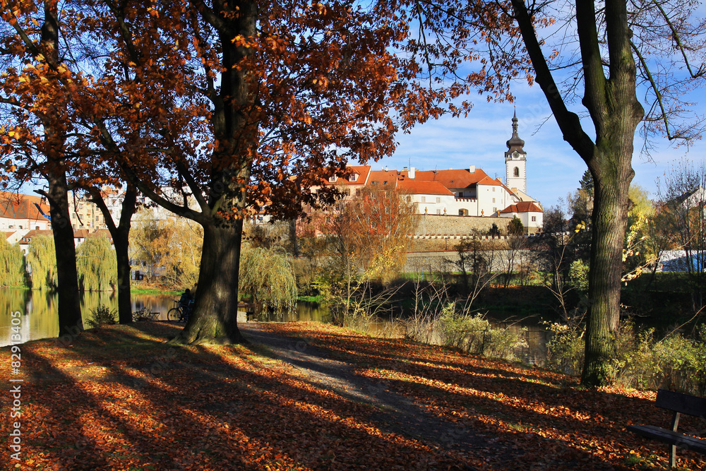 Autumn medieval Town Pisek above the river Otava