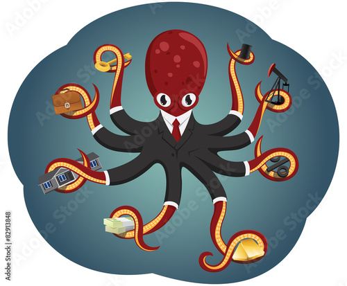 Octopus businessman with assets in its tentacles.