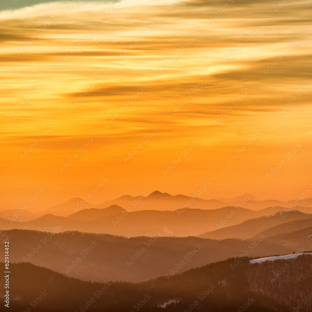 Sunset in winter mountains