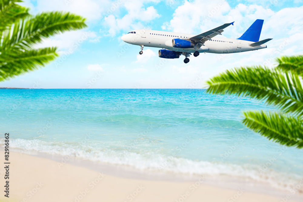 Jet airplane landing over the sea beach. Jet airplane landing over the sea beach.