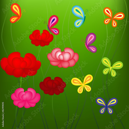 Fototapeta Naklejka Na Ścianę i Meble -  Bright spring pattern with flowers and butterflies