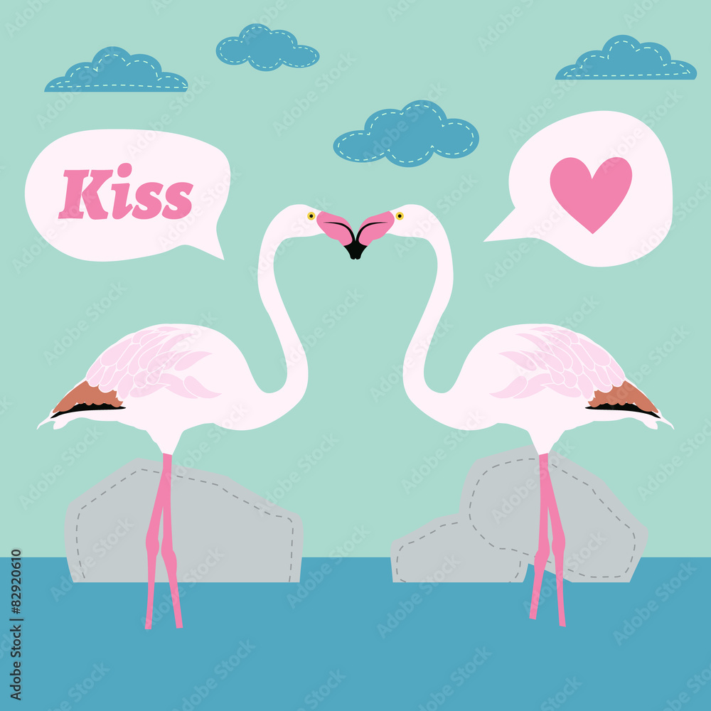 Obraz premium pair of flamingo bird cartoon vector card