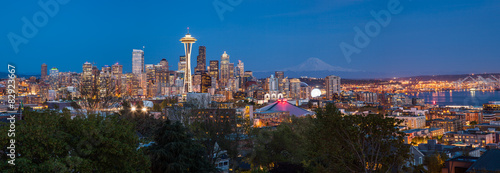 Seattle downtown skyline and Mt. Rainier at night, Washington