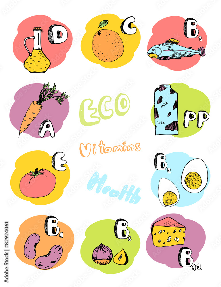 Set of basic vitamins from food Set of basic vitamins from food