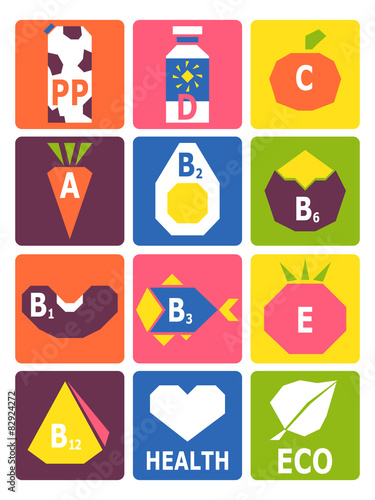 Retro set of basic vitamins from food